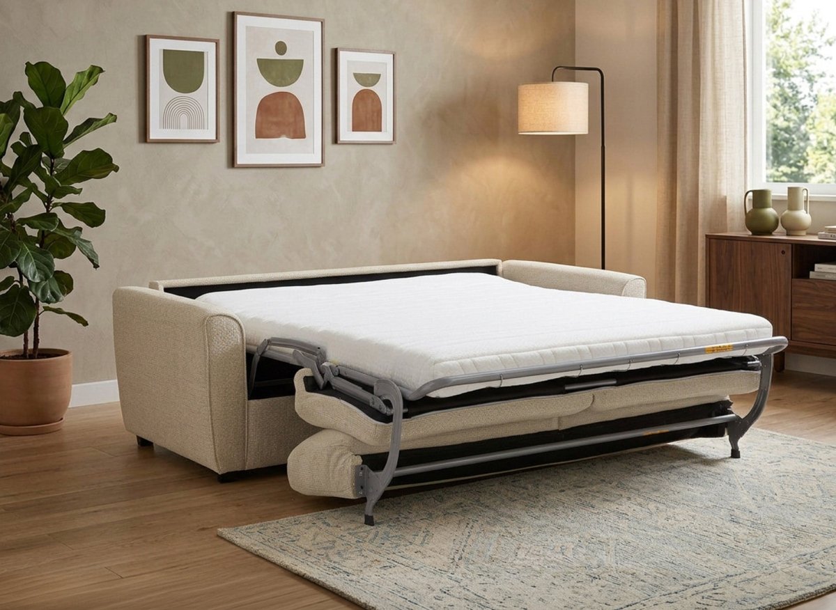 Canapé convertible express 3 places en velours texturé beige KALIANA - DécoInParis