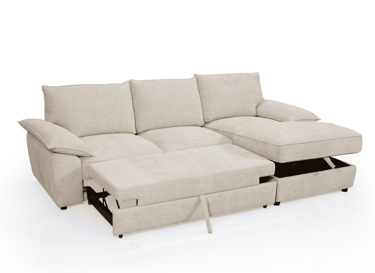 Canapé d'angle convertible avec coffre de rangement en velours chiné beige GABIN - Angle droit - DécoInParis