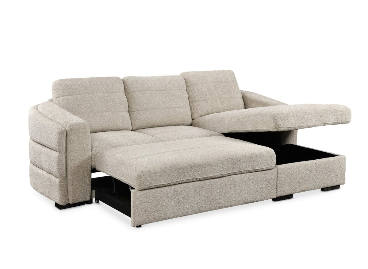 Canapé d'angle convertible avec coffre en tissu bouclette beige CALANDRA - Angle droit - DécoInParis