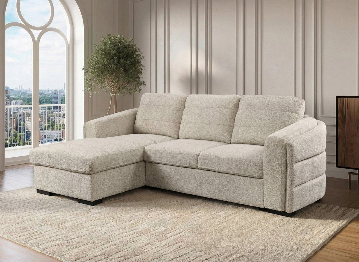 Canapé d'angle convertible avec coffre en tissu bouclette beige CALANDRA - Angle gauche - DécoInParis