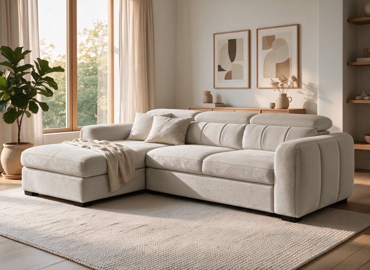 Canapé d'angle convertible avec coffre en tissu bouclette beige NAOMI -Angle gauche - DécoInParis