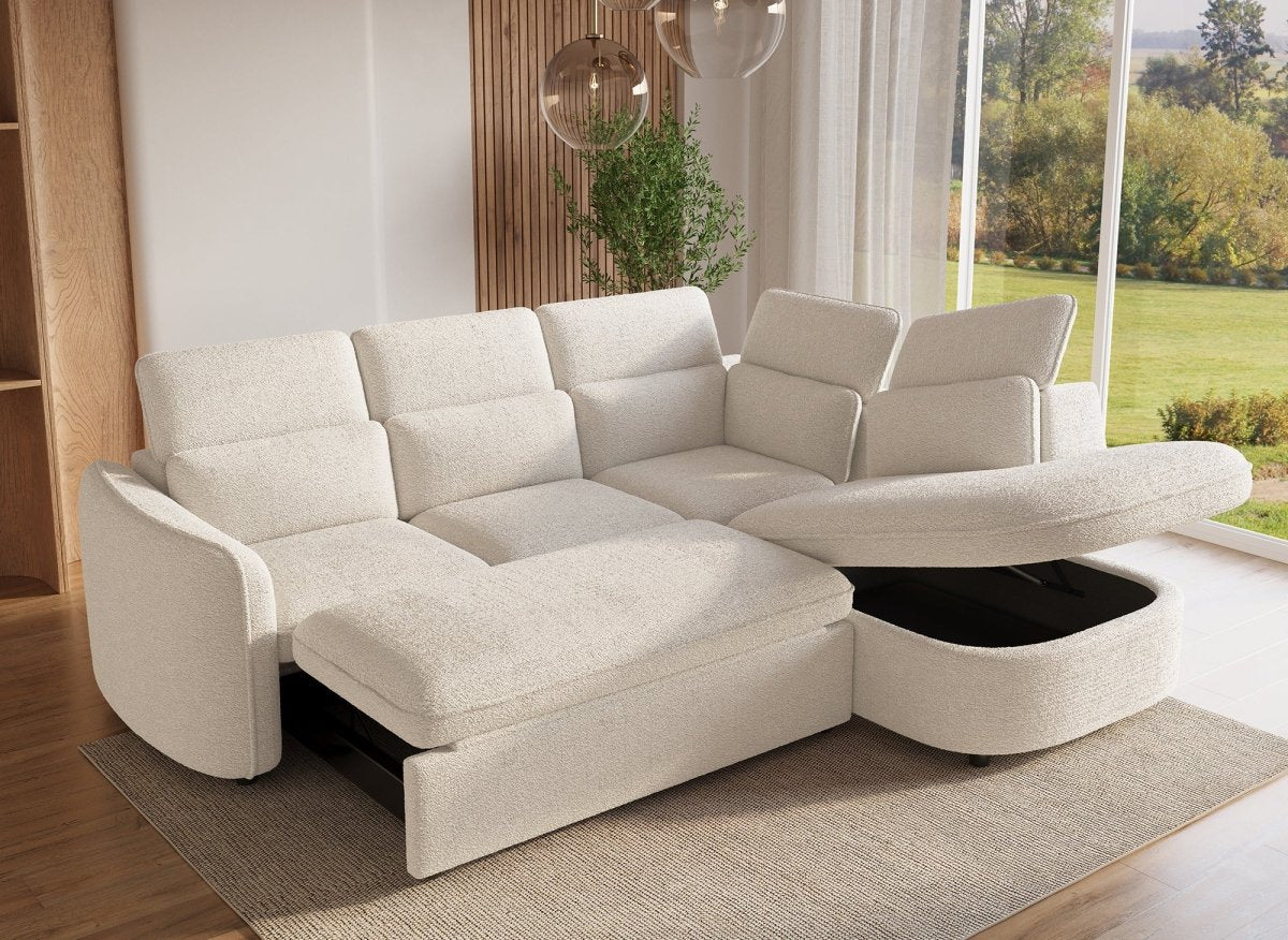 Canapé d'angle convertible avec coffre en tissu bouclette écru BAYA - angle droit - DécoInParis