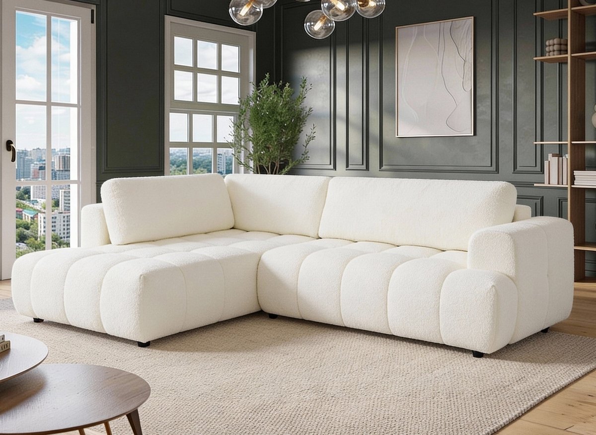 Canapé d'angle convertible avec coffre en tissu bouclette écru HAVEN - Angle gauche - DécoInParis