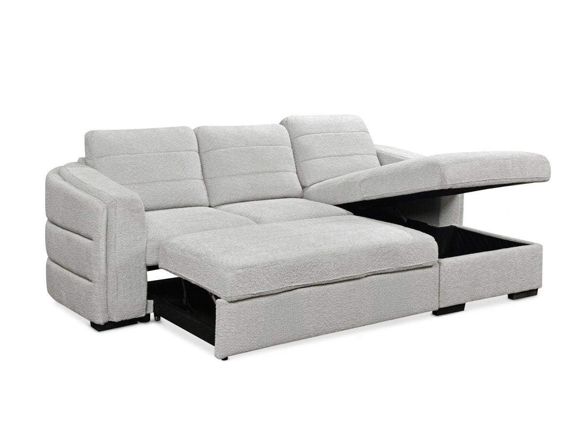 Canapé d'angle convertible avec coffre en tissu bouclette gris clair CALANDRA - Angle droit - DécoInParis