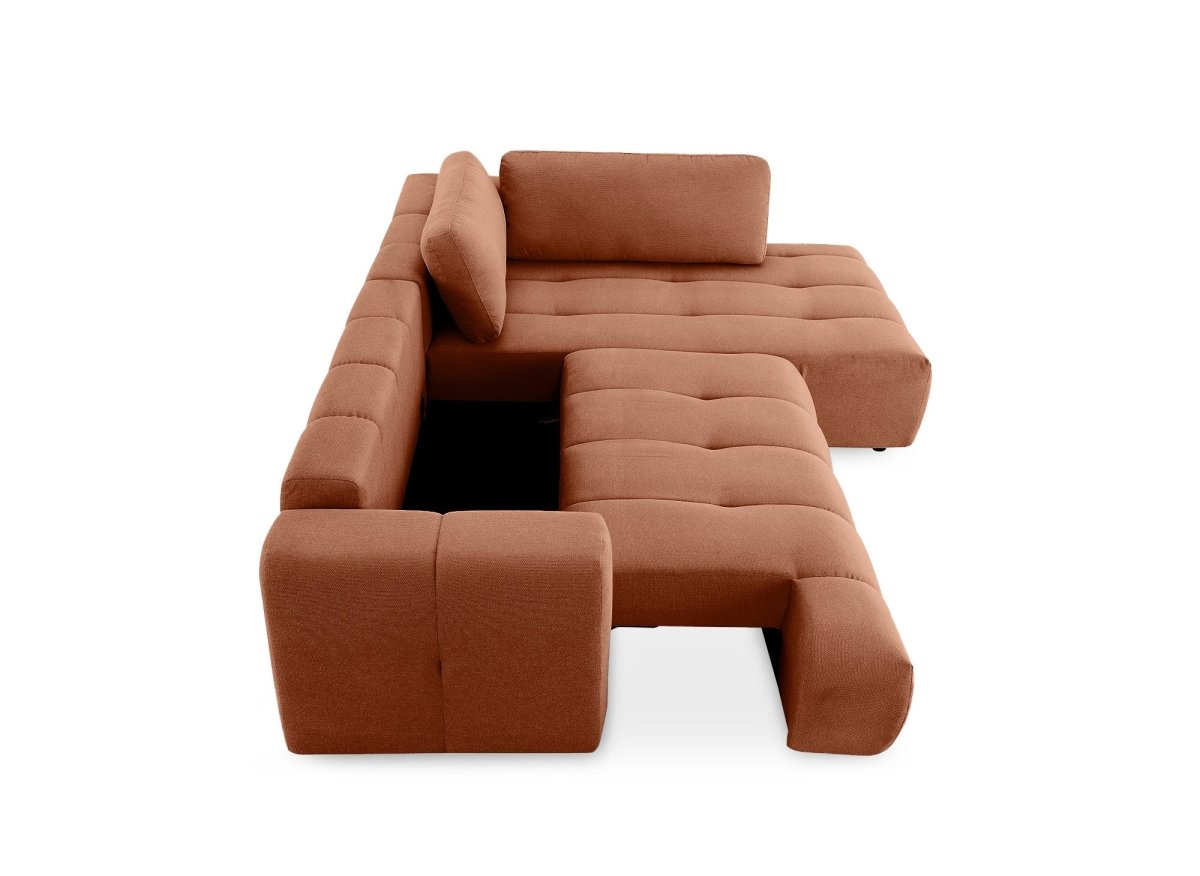 Canapé d'angle convertible avec coffre en tissu terracotta HAVEN - Angle droit - DécoInParis