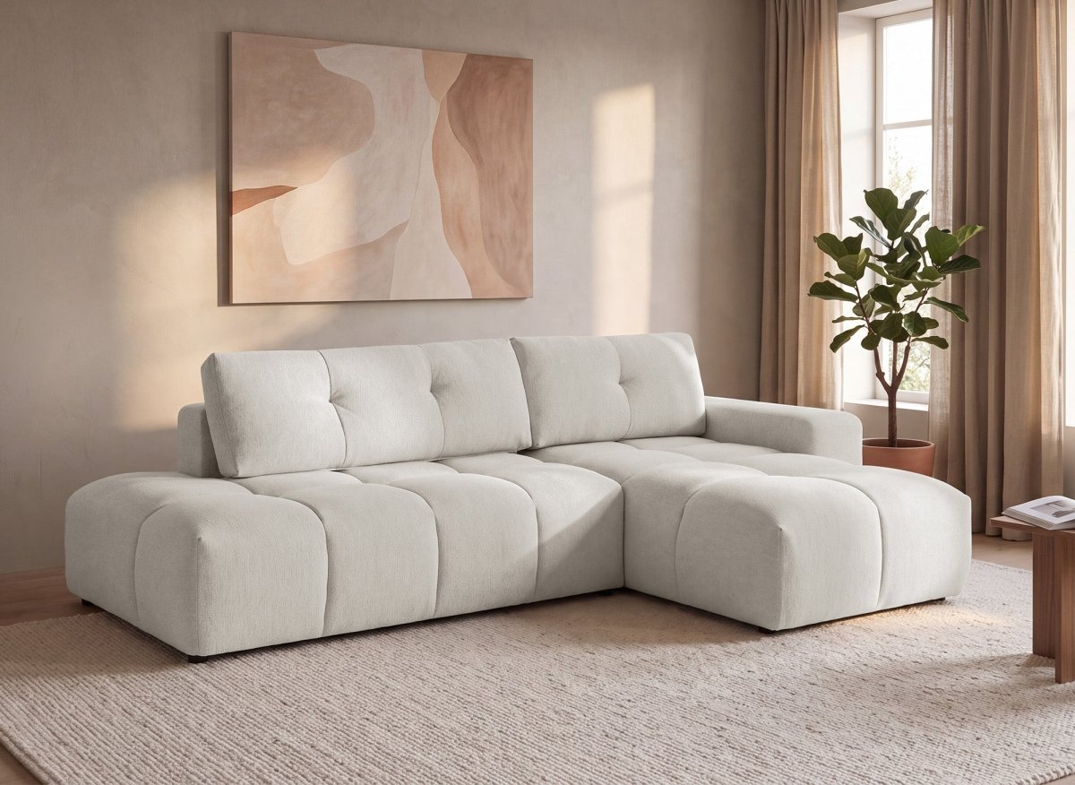Divano angolare trasformabile con cassapanca in tessuto strutturato beige ANGELINE - Angolo retto - DécoInParis