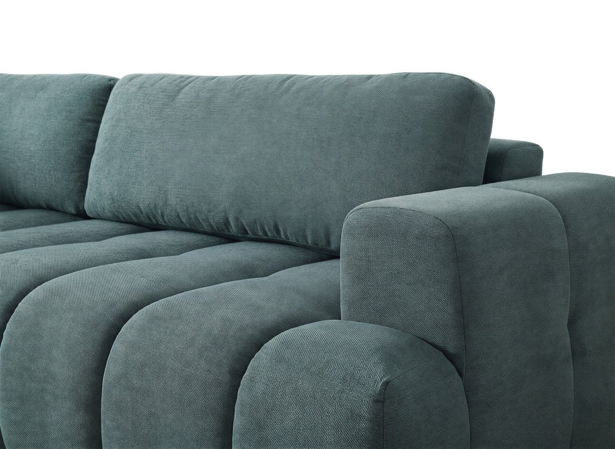 Canapé d'angle convertible avec coffre en tissu vert olive HAVEN - Angle gauche - DécoInParis