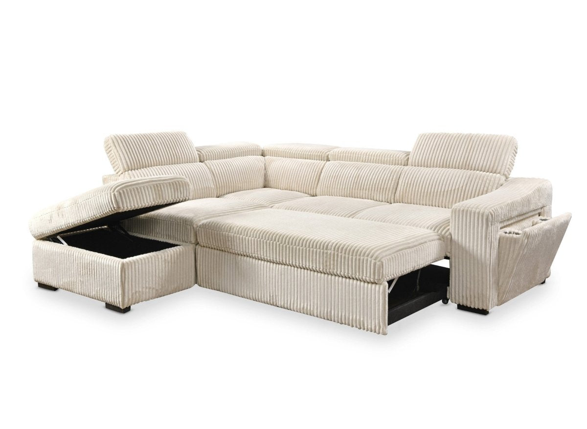 Canapé d'angle convertible avec coffre en velours beige côtelé MARTY - Angle gauche - DécoInParis