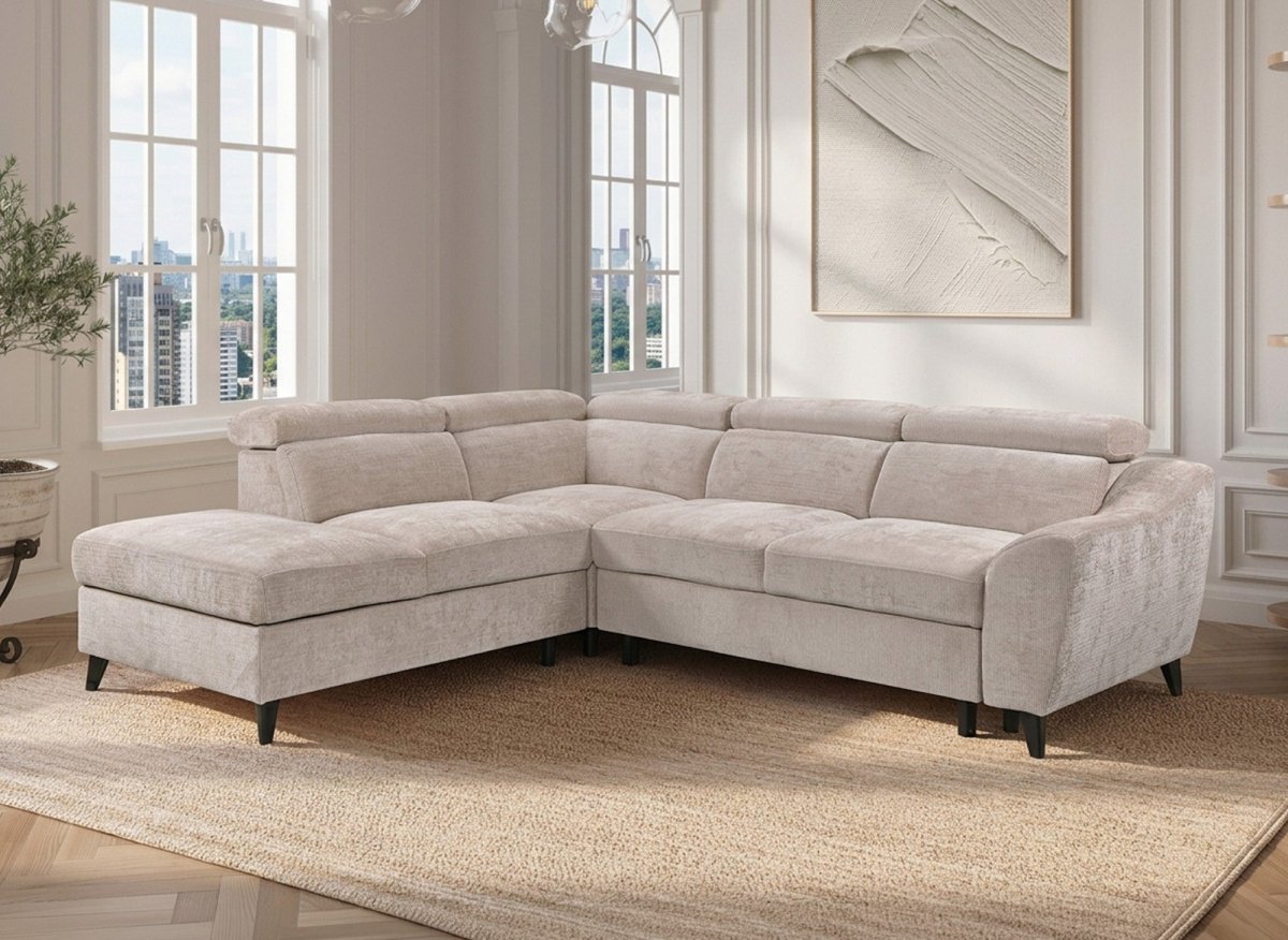 Canapé d'angle convertible avec coffre en velours chiné beige DALTON - Angle gauche - DécoInParis