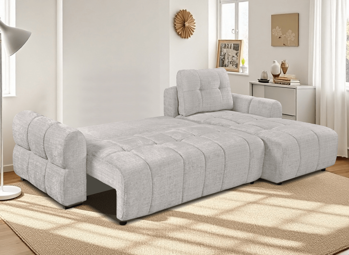 Canapé d'angle convertible avec coffre en velours chiné beige MAHLONE - Angle droit - DécoInParis