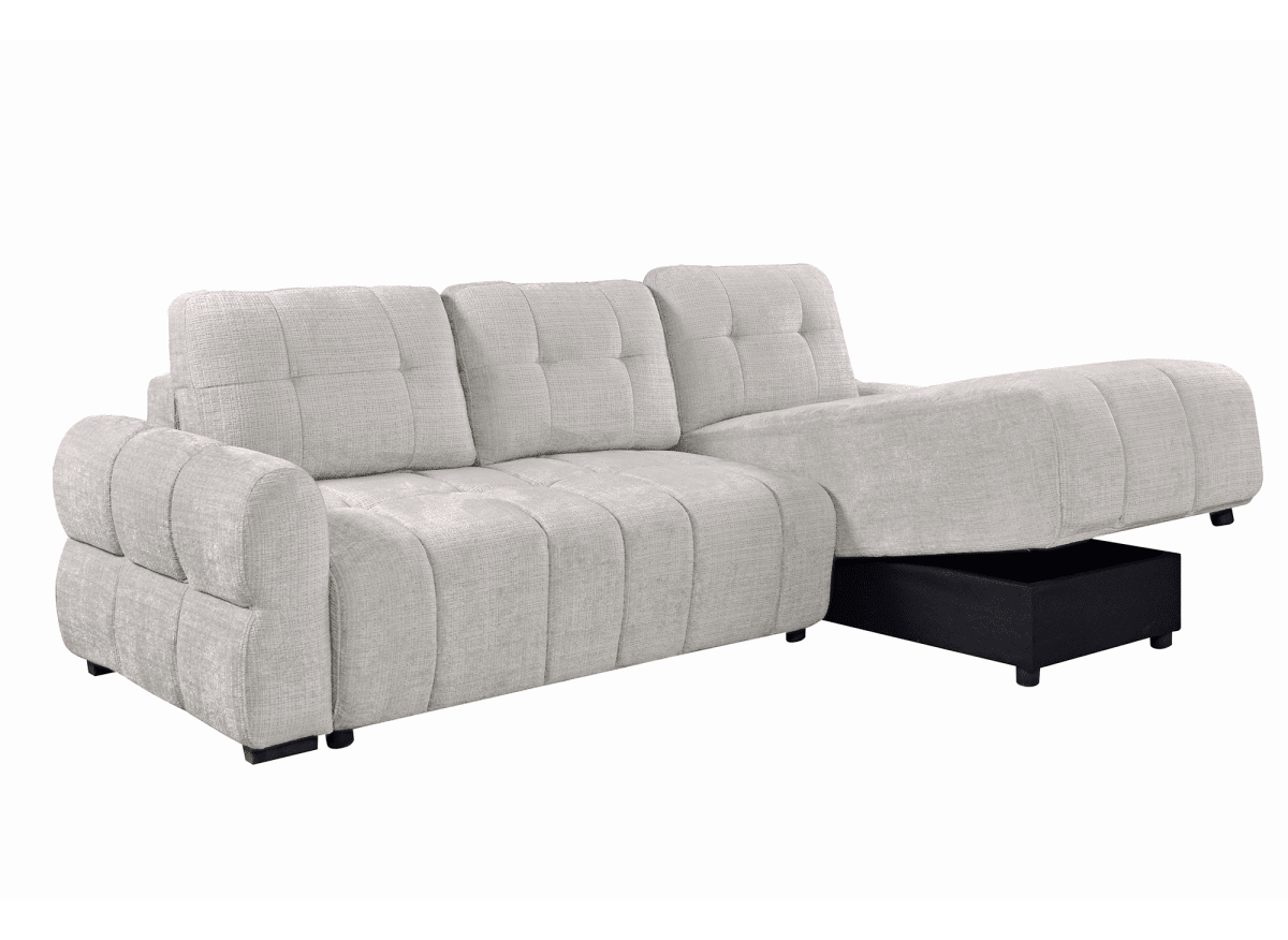 Canapé d'angle convertible avec coffre en velours chiné beige MAHLONE - Angle droit - DécoInParis