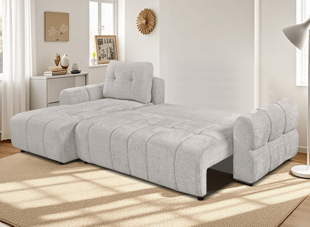 Canapé d'angle convertible avec coffre en velours chiné beige MAHLONE - Angle gauche - DécoInParis