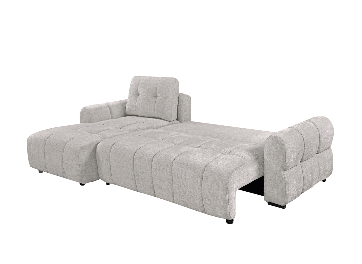 Canapé d'angle convertible avec coffre en velours chiné beige MAHLONE - Angle gauche - DécoInParis