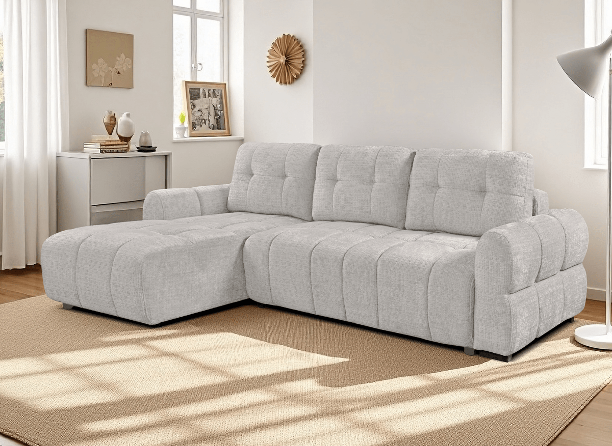 Canapé d'angle convertible avec coffre en velours chiné beige MAHLONE - Angle gauche - DécoInParis