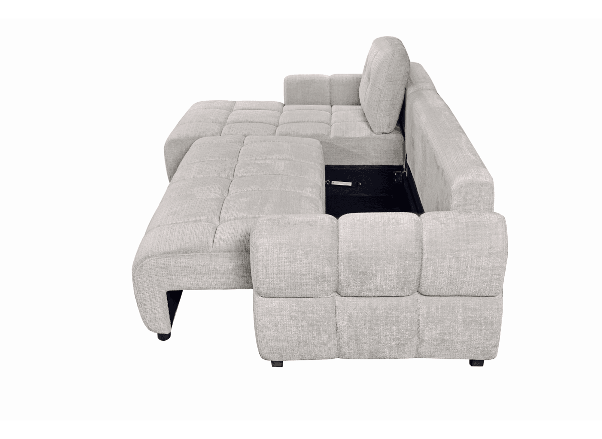 Canapé d'angle convertible avec coffre en velours chiné beige MAHLONE - Angle gauche - DécoInParis