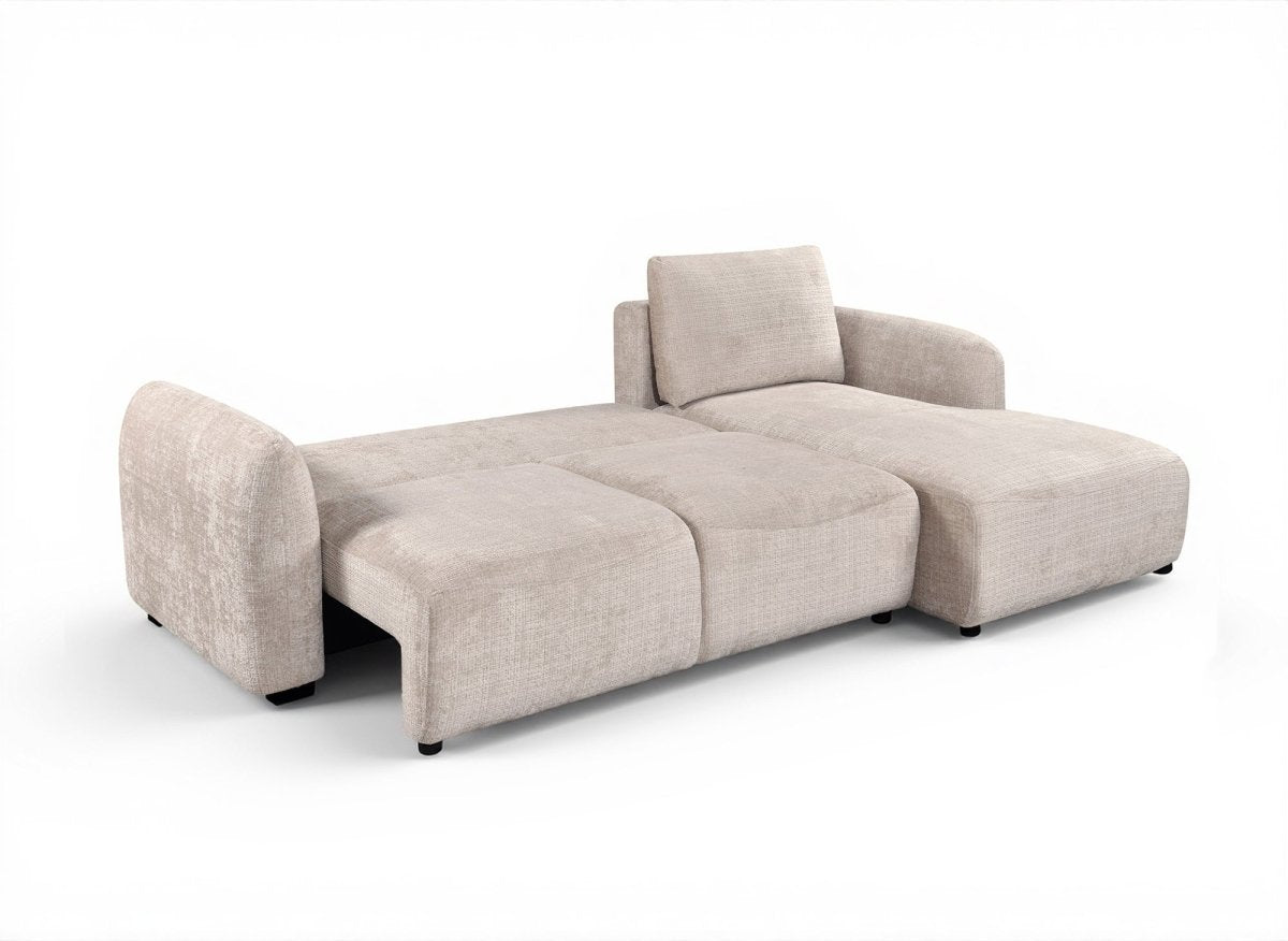 Canapé d'angle convertible avec coffre en velours chiné beige MARLA - Angle droit - DécoInParis