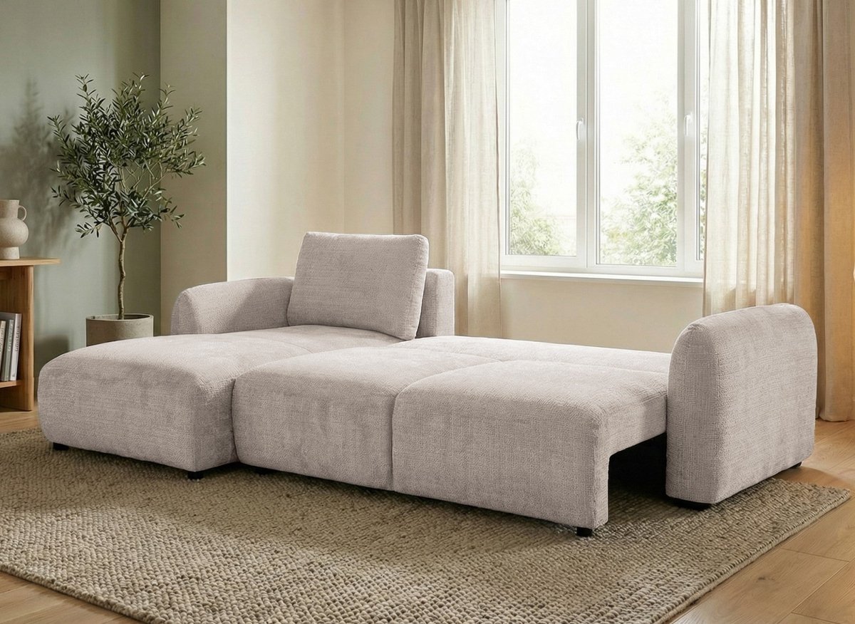 Canapé d'angle convertible avec coffre en velours chiné beige MARLA - Angle gauche - DécoInParis