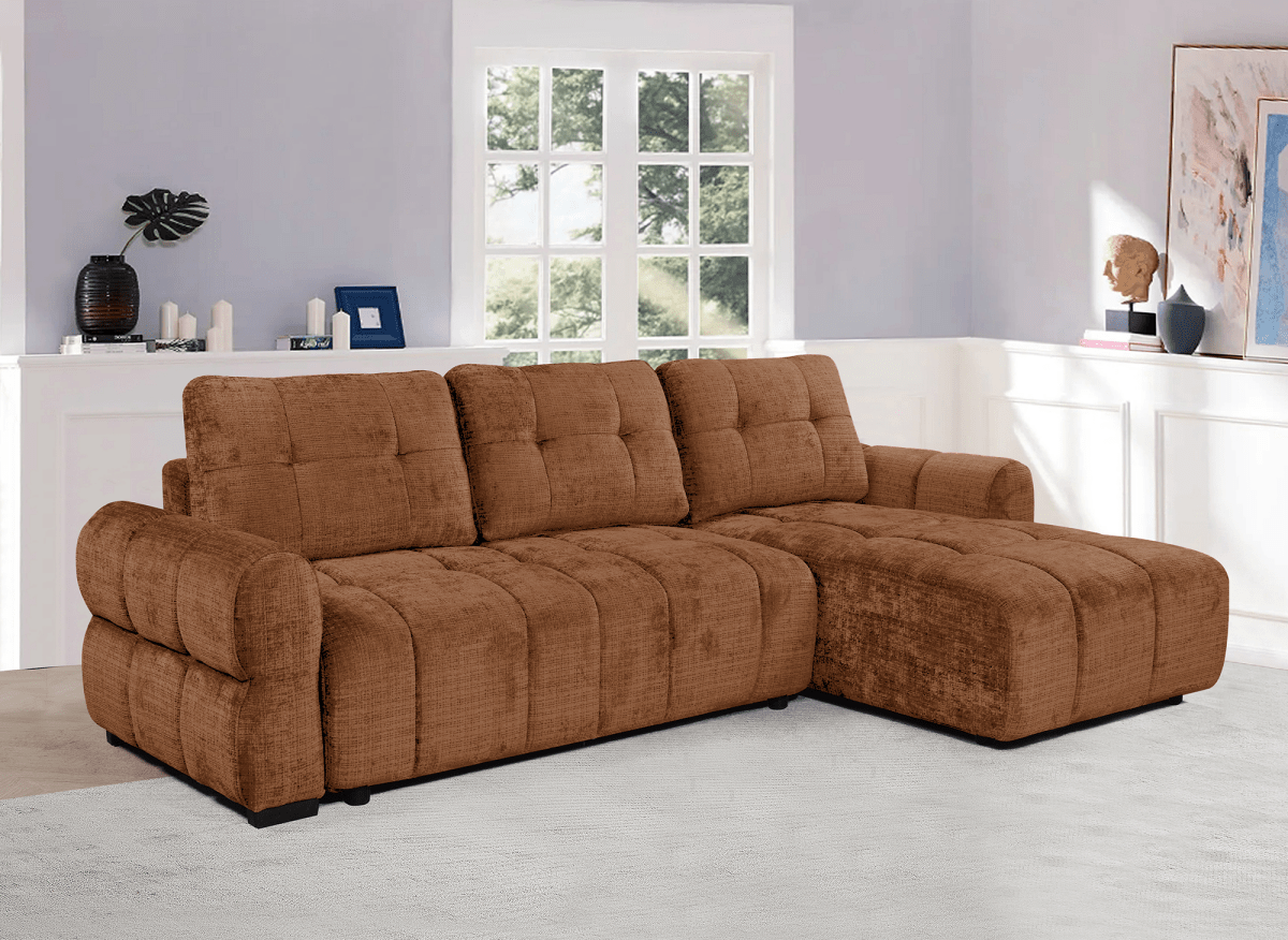 Canapé d'angle convertible avec coffre en velours chiné terracotta MAHLONE - Angle droit - DécoInParis