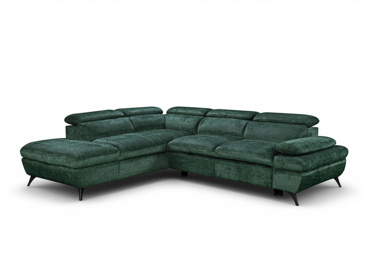 Canapé d'angle convertible avec coffre en velours chiné vert LUFY - Angle gauche - DécoInParis