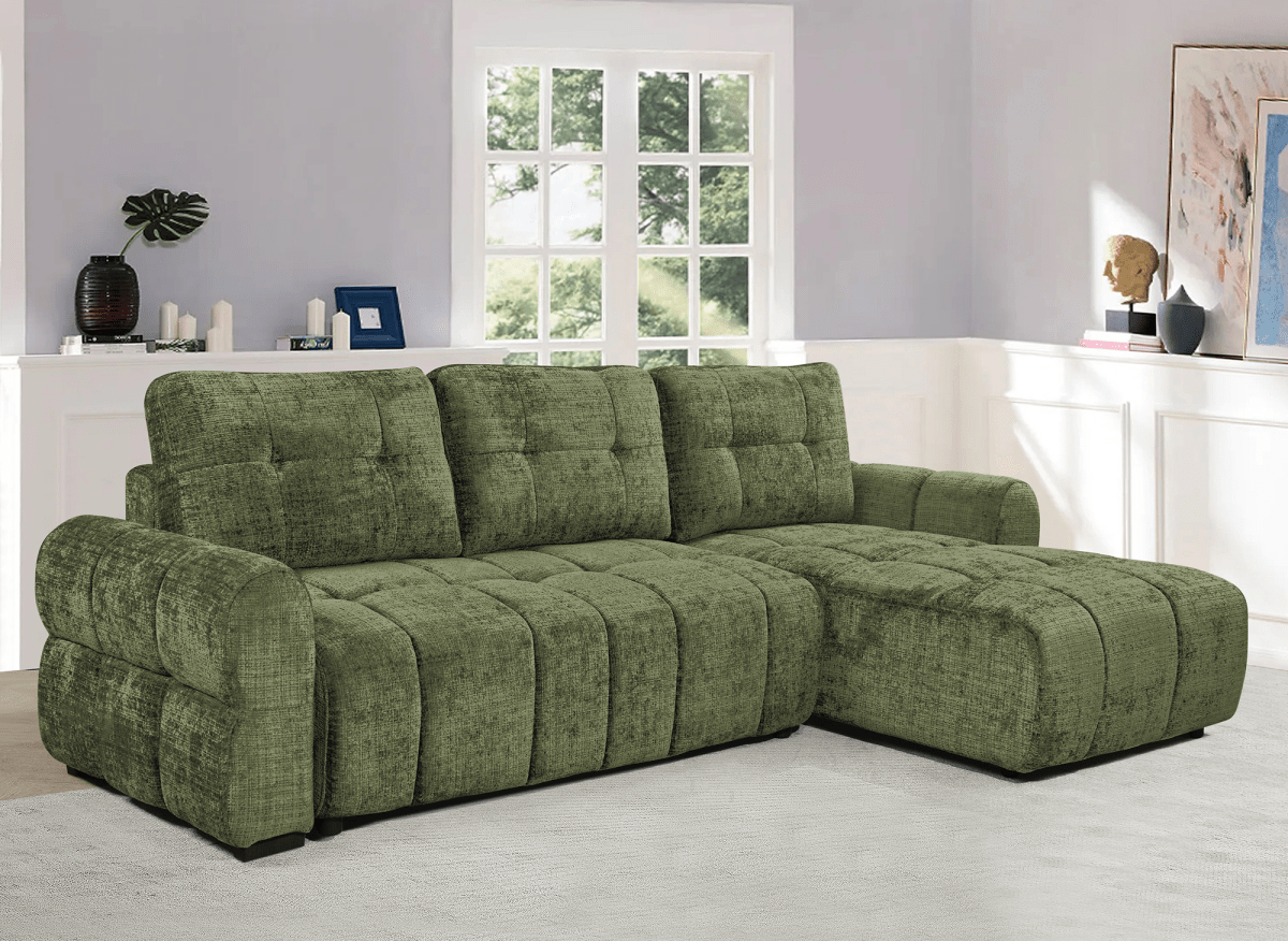 Canapé d'angle convertible avec coffre en velours chiné vert olive MAHLONE - Angle droit - DécoInParis