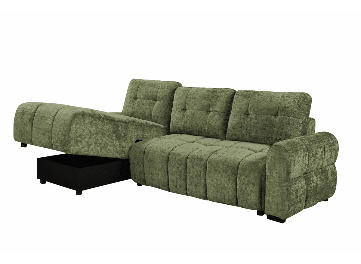 Canapé d'angle convertible avec coffre en velours chiné vert olive MAHLONE - Angle gauche - DécoInParis