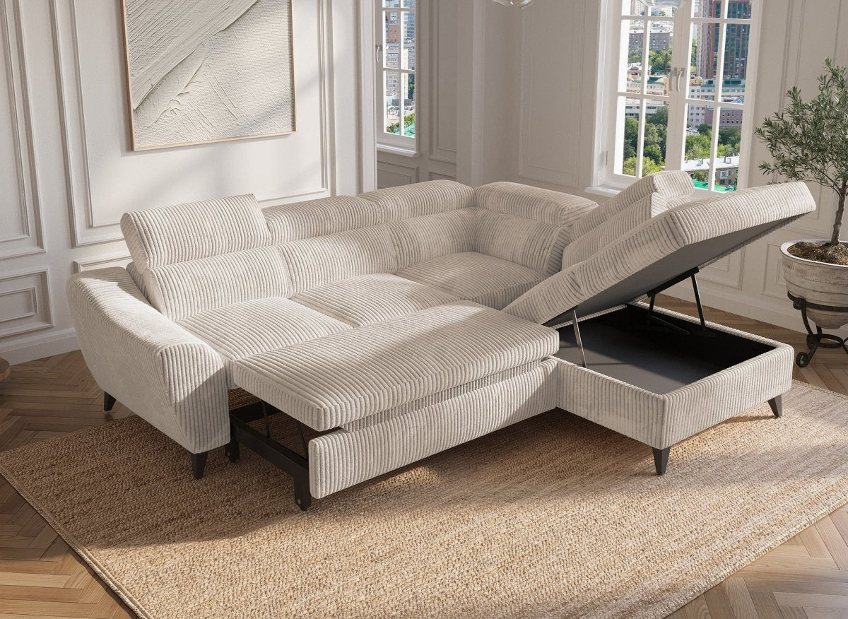 Canapé d'angle convertible avec coffre en velours côtelé épais beige DALTON - Angle droit - DécoInParis