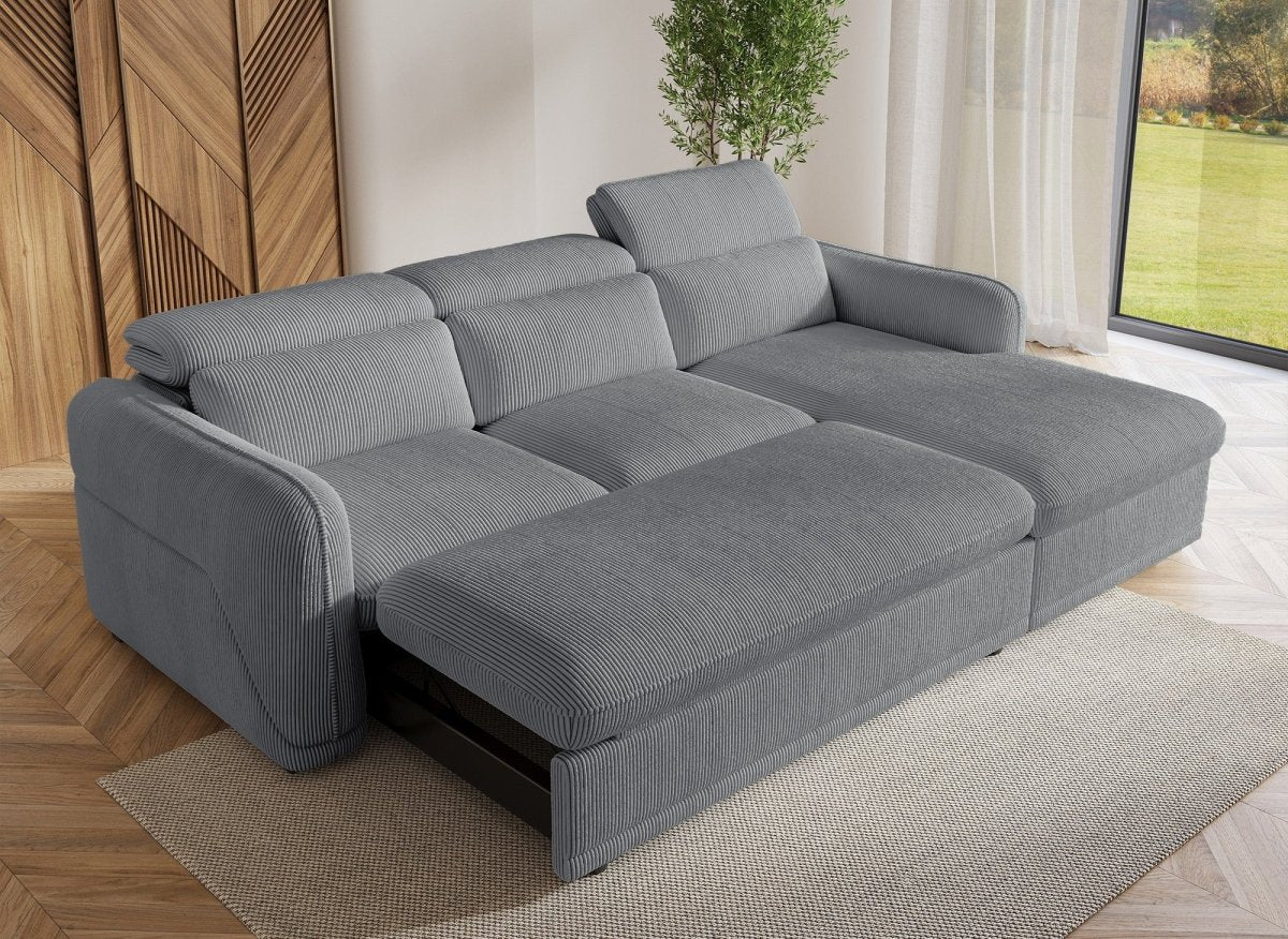 Canapé d'angle convertible avec coffre en velours côtelé épais gris PETUNIA - Angle droit - DécoInParis