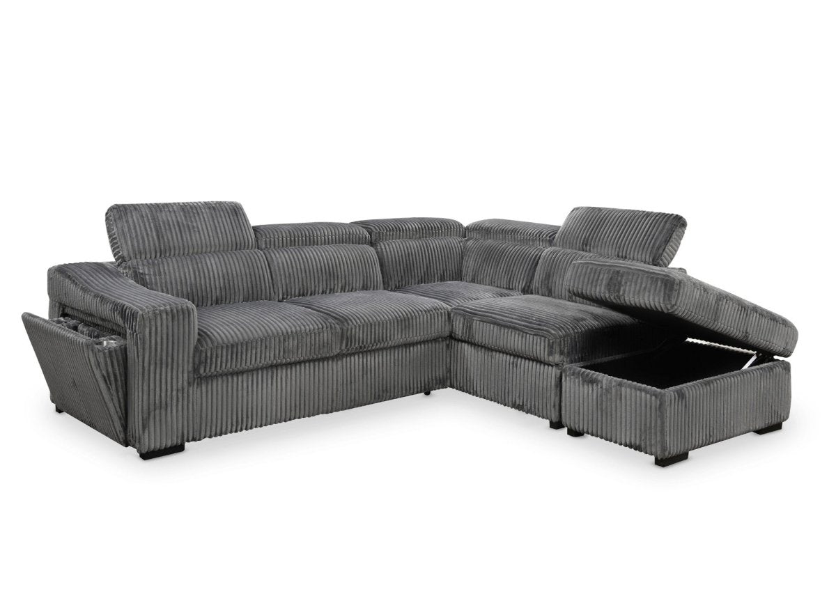 Canapé d'angle convertible avec coffre en velours côtelé gris MARTY - Angle droit - DécoInParis