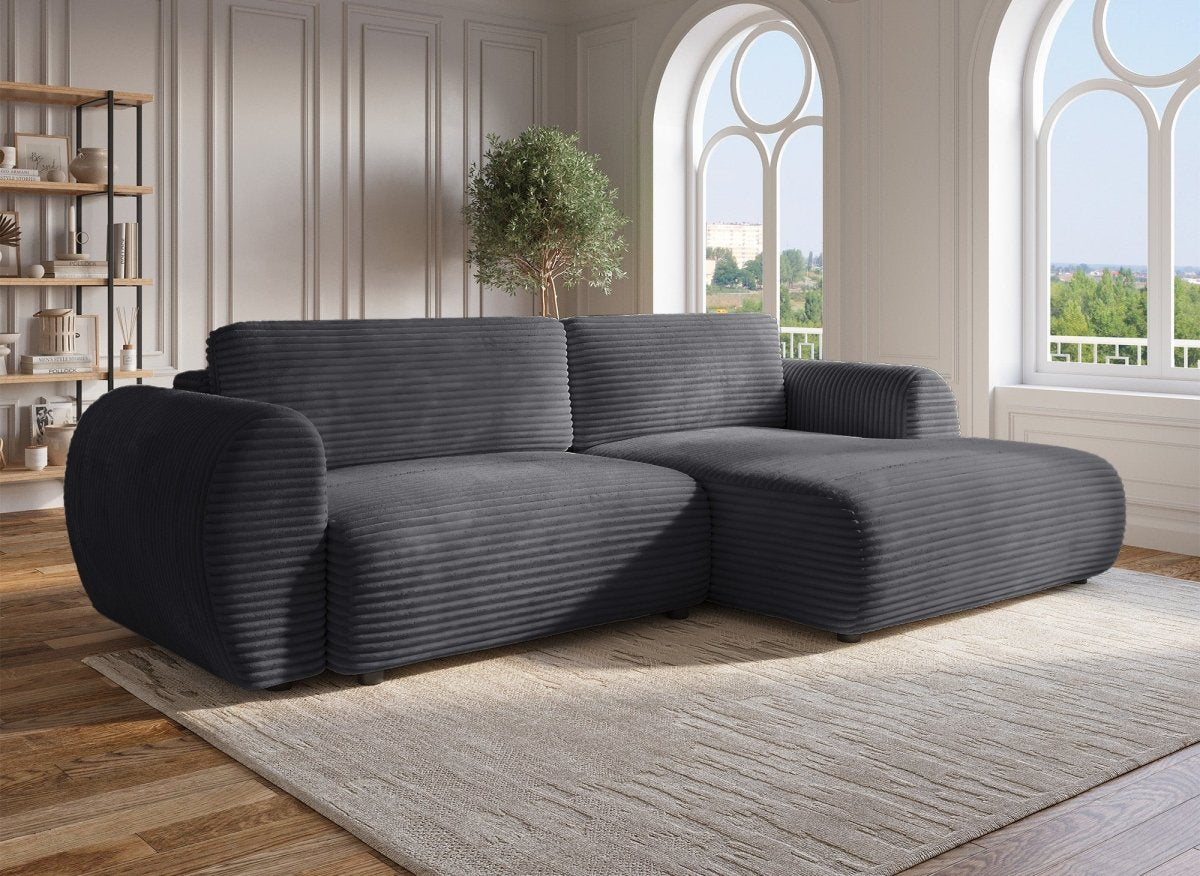 Canapé d'angle convertible avec coffre en velours gros côtelé doux gris TILDA - Angle droit - DécoInParis