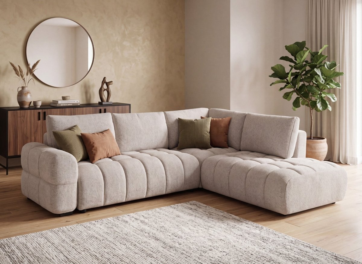 Canapé d'angle convertible avec coffres en velours texturé beige NAELIE - Angle droit - DécoInParis