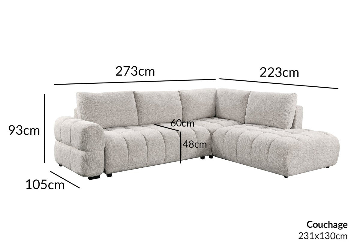 Canapé d'angle convertible avec coffres en velours texturé beige NAELIE - Angle droit - DécoInParis