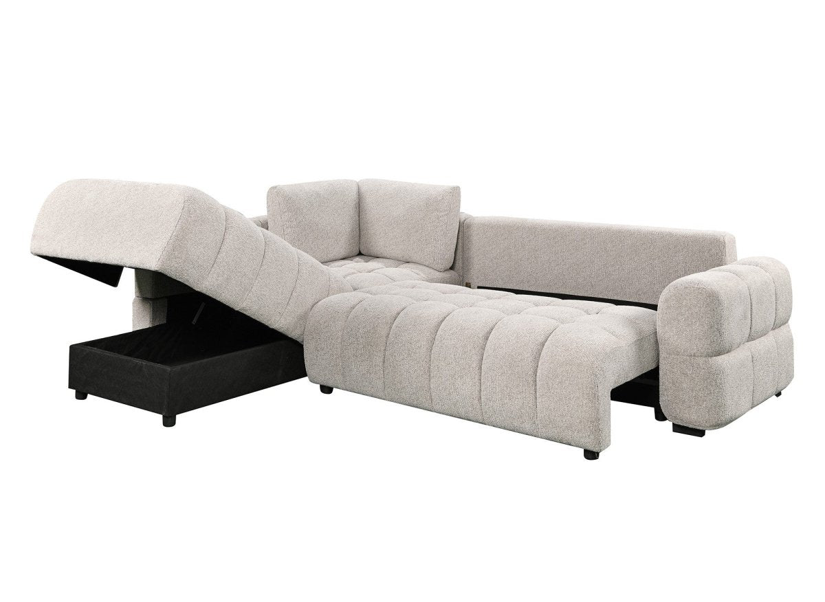 Canapé d'angle convertible avec coffres en velours texturé beige NAELIE - Angle gauche - DécoInParis