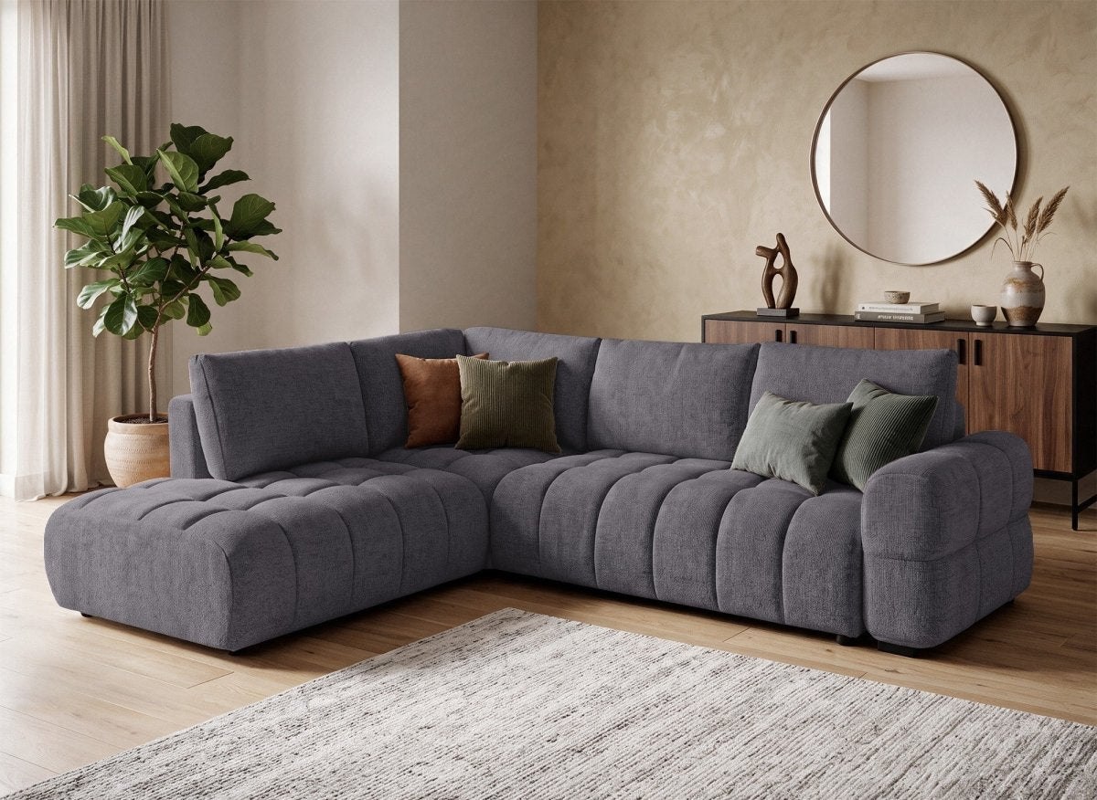 Canapé d'angle convertible avec coffres en velours texturé gris foncé NAELIE - Angle gauche - DécoInParis
