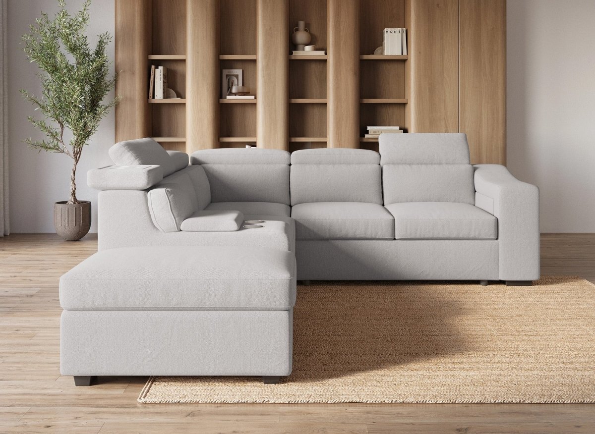 Canapé d'angle convertible en tissu beige DEREK XL - Angle gauche - DécoInParis