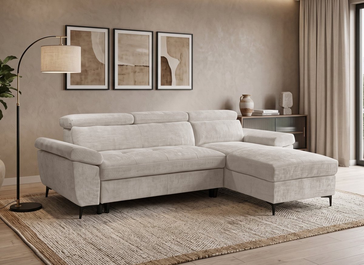 Divano angolare trasformabile in velluto mélange beige MONICA - Angolo retto - DécoInParis