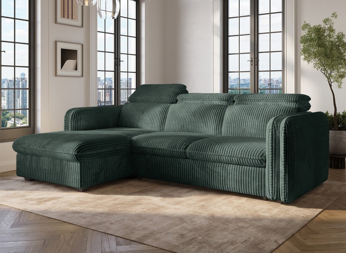 Canapé d'angle convertible en velours côtelé épais vert ISABELLA - Angle gauche - DécoInParis
