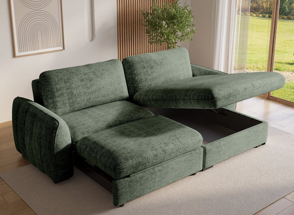 Canapé d'angle convertible et réversible avec coffre en velours chiné vert kaki LIORA - DécoInParis