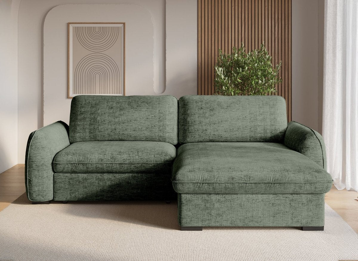 Canapé d'angle convertible et réversible avec coffre en velours chiné vert kaki LIORA - DécoInParis