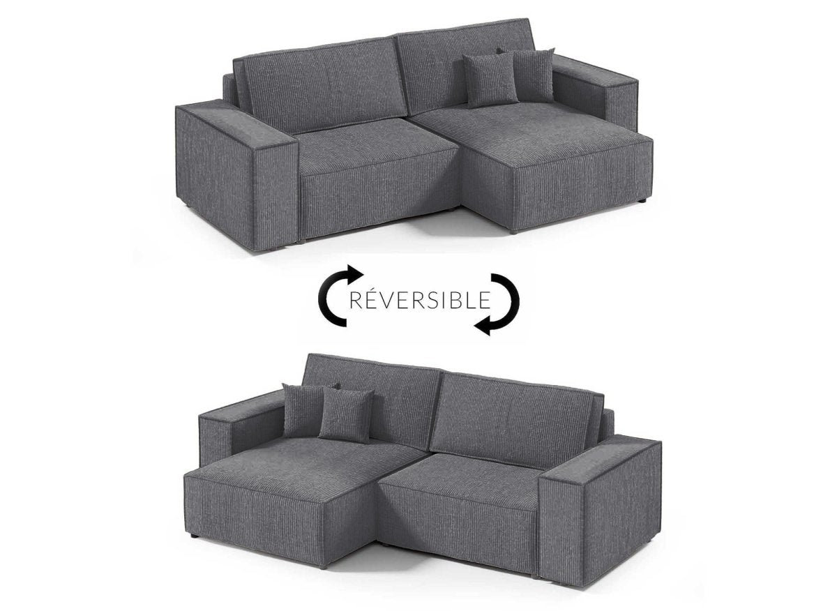 Canapé d'angle convertible et réversible avec coffre en velours côtelé gris anthracite JADE MINI - DécoInParis