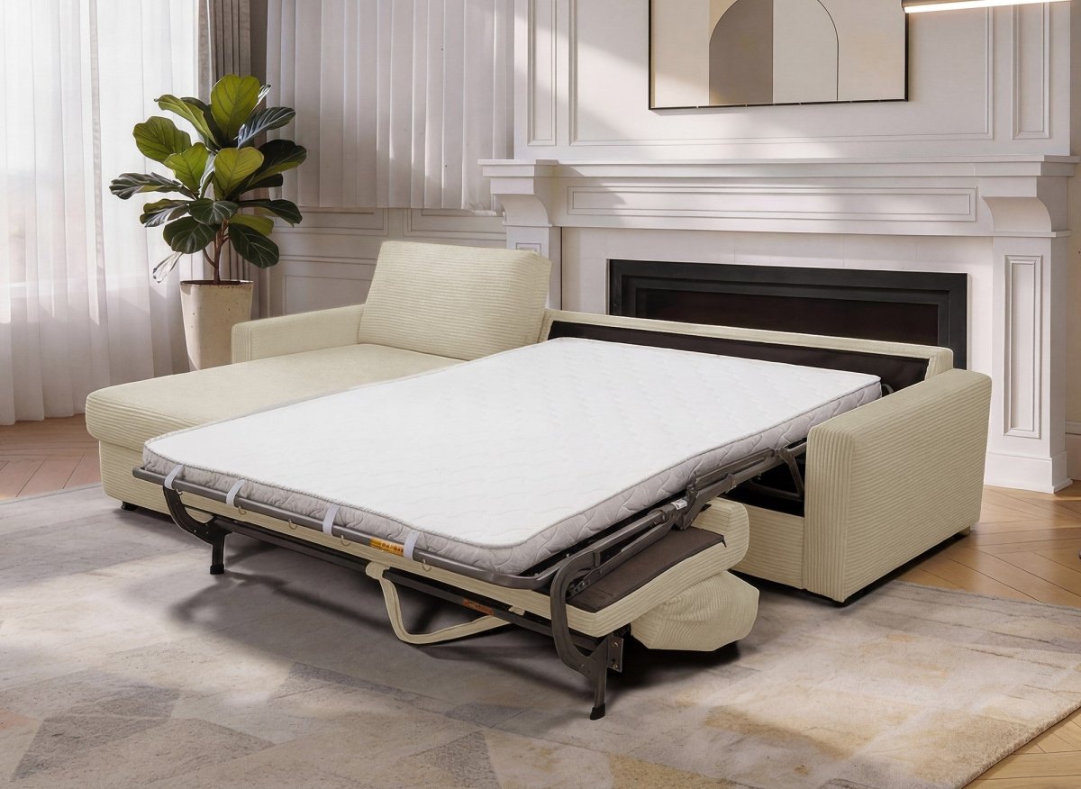 Canapé d'angle convertible et réversible ouverture express en velours côtelé beige JULIETTE - DécoInParis