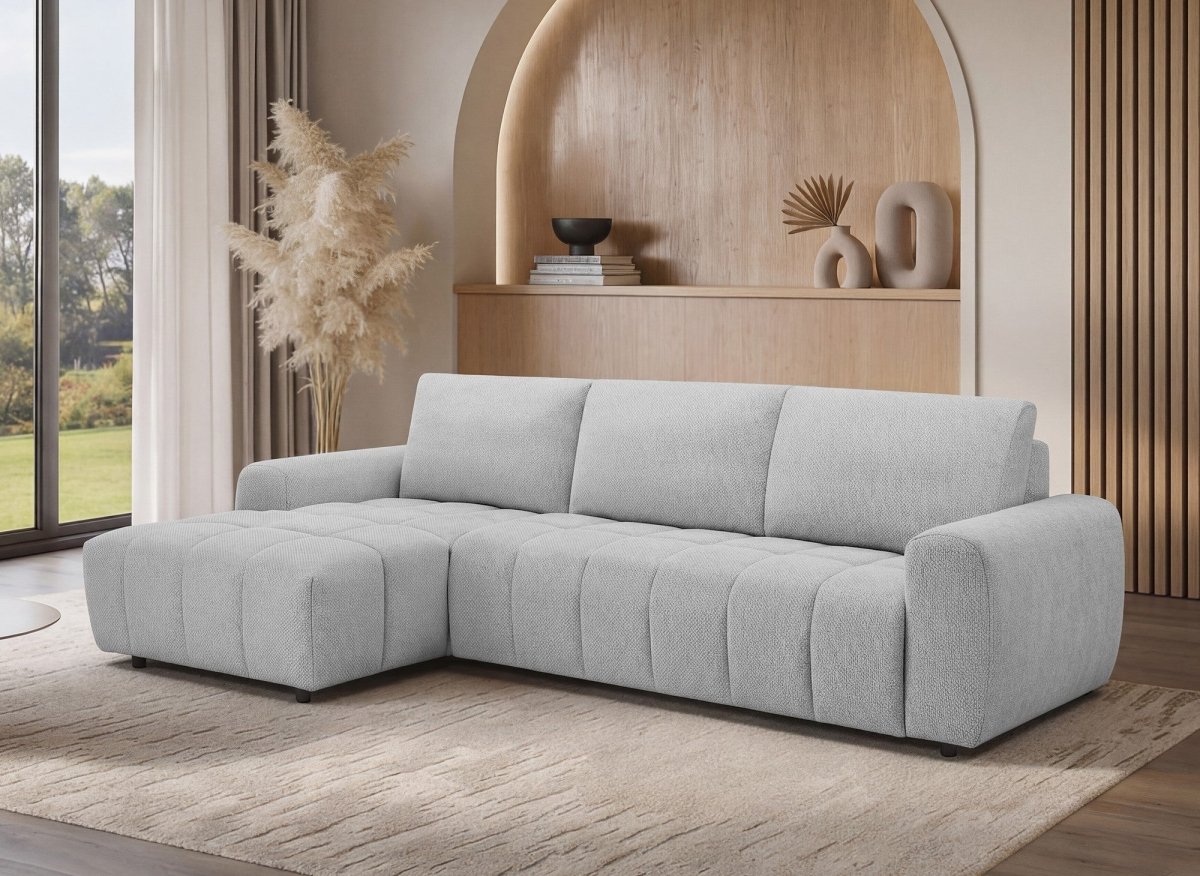 Canapé d'angle convertible ouverture express en tissu gris AGATHE - Angle gauche - DécoInParis