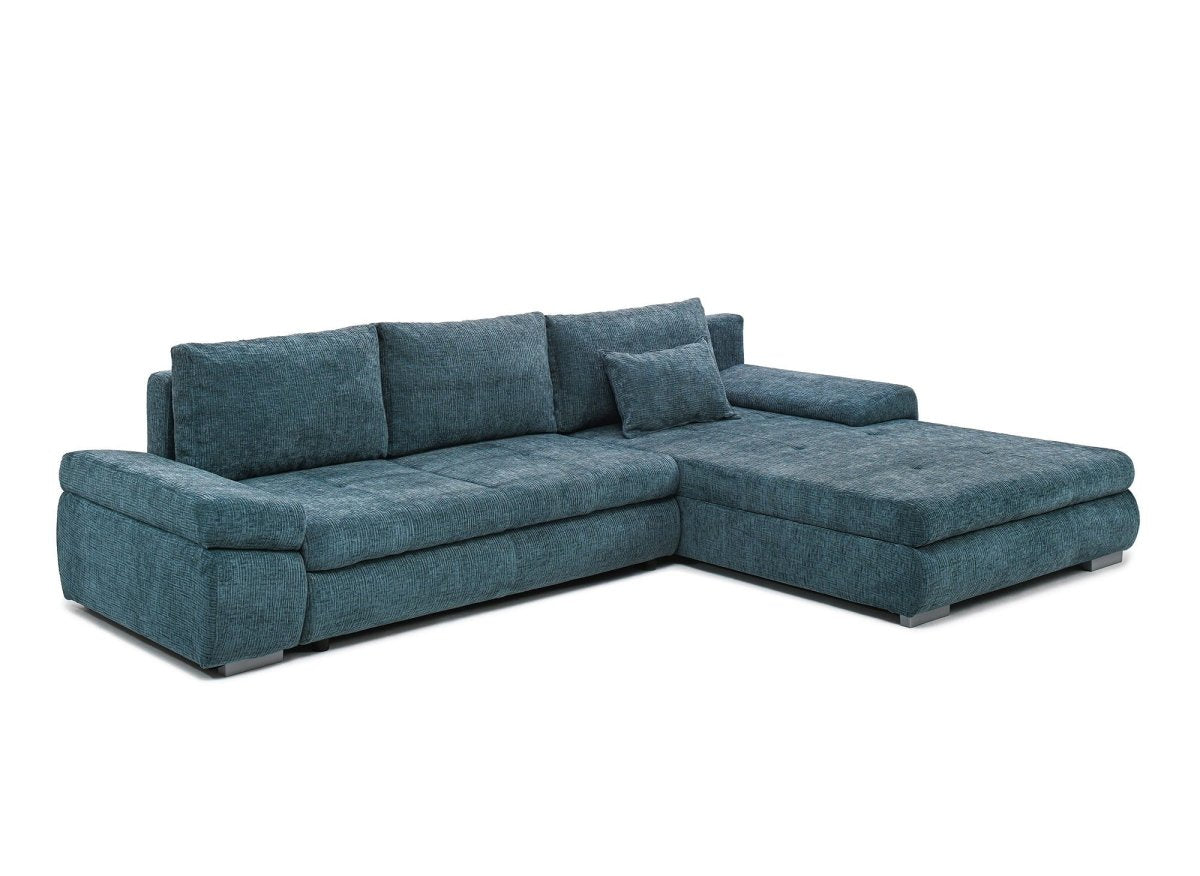 Canapé d'angle convertible réversible avec coffre en velours chiné bleu pétrole SOLEA - DécoInParis