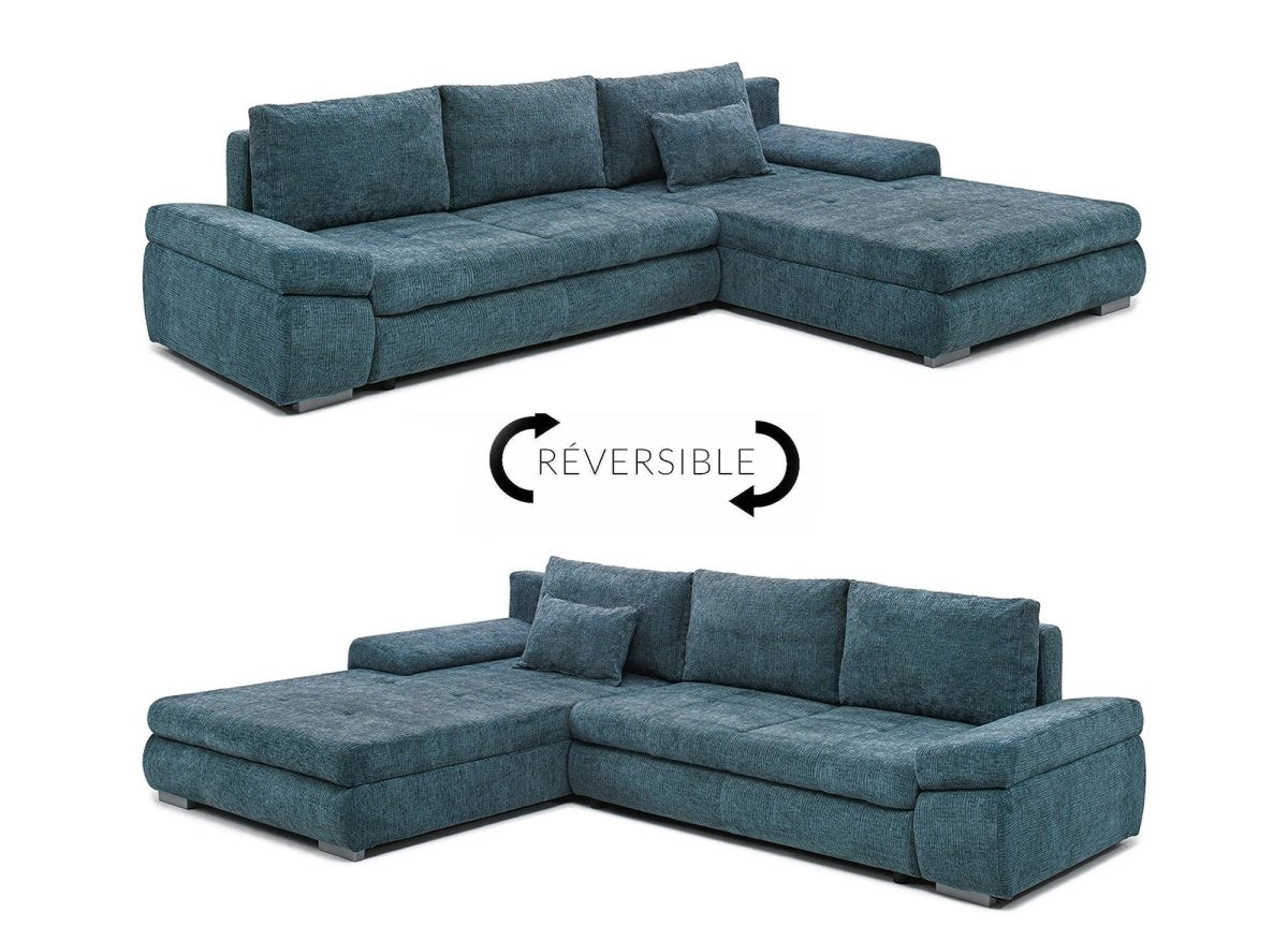 Canapé d'angle convertible réversible avec coffre en velours chiné bleu pétrole SOLEA - DécoInParis