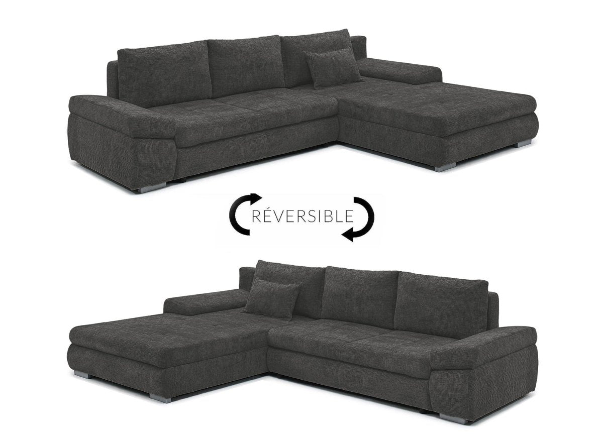 Canapé d'angle convertible réversible avec coffre en velours chiné gris SOLEA - DécoInParis