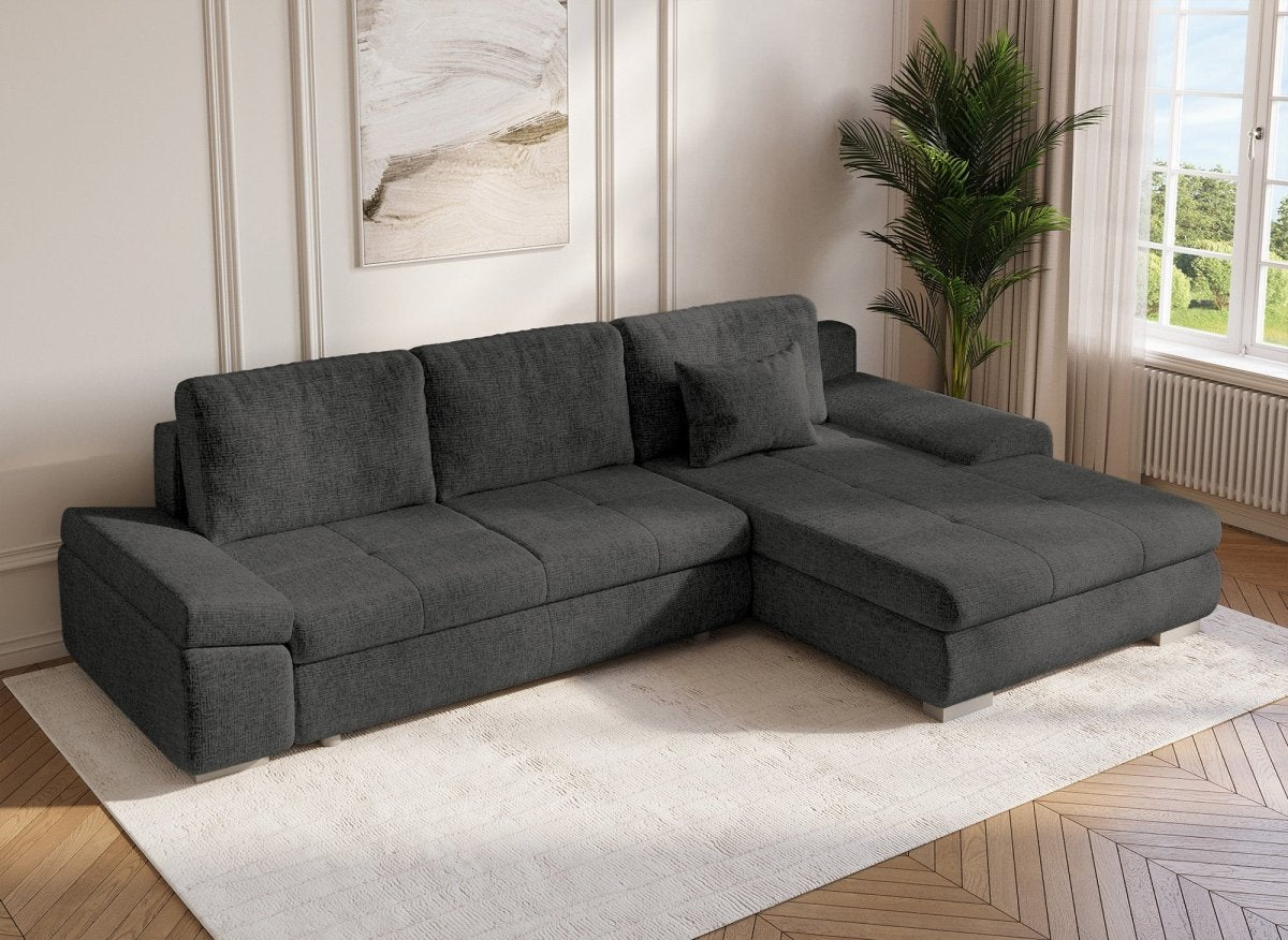 Canapé d'angle convertible réversible avec coffre en velours chiné gris SOLEA - DécoInParis