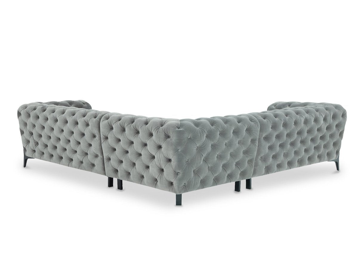 Canapé d'angle fixe capitonné chesterfield velours gris CARMEN - DécoInParis