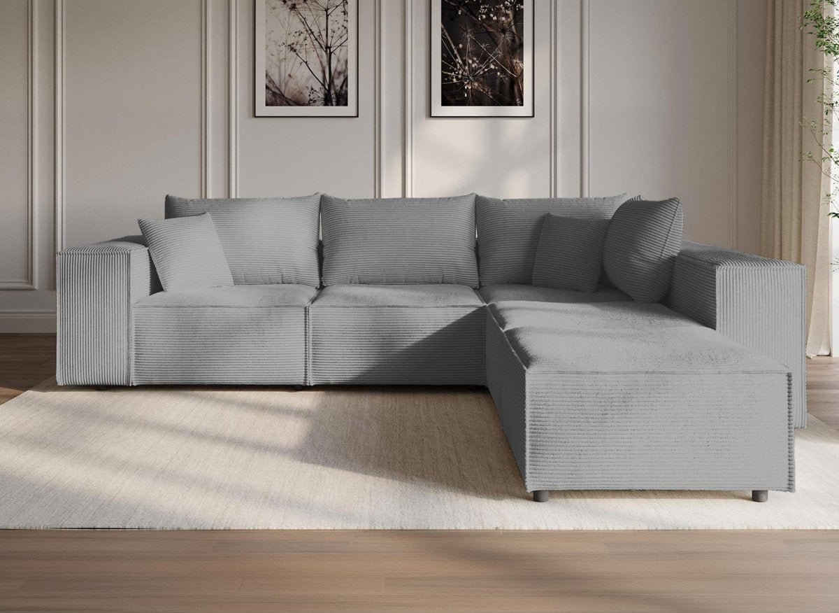 Canapé d'angle modulable avec 1 pouf en velours côtelé épais gris HARLEM XL - DécoInParis