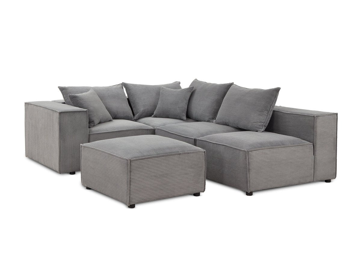 Canapé d'angle modulable avec 1 pouf en velours côtelé épais gris HARLEM XL - DécoInParis