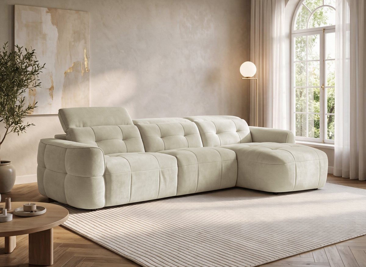 Canapé d'angle relax électrique en tissu beige FERDINAND - Angle droit - DécoInParis