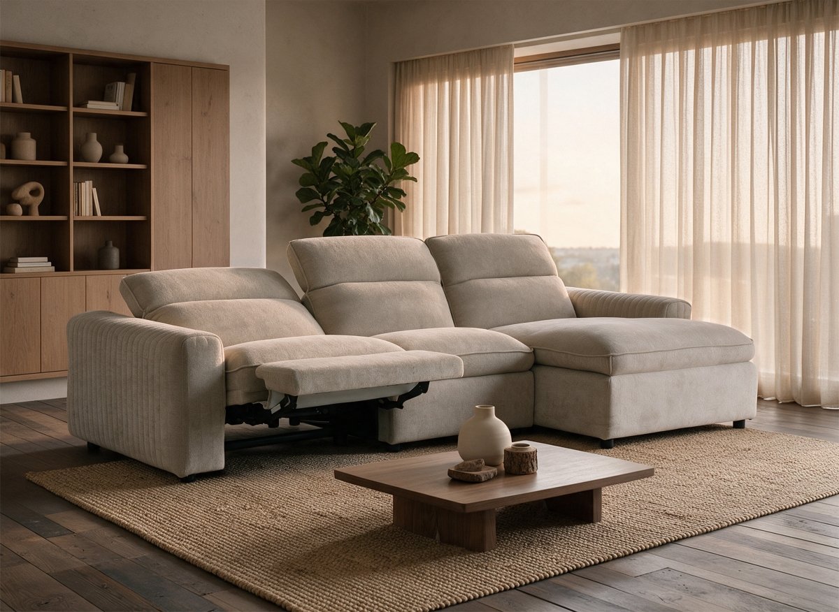 Canapé d'angle relax électrique en tissu beige ORELIA - Angle droit - DécoInParis